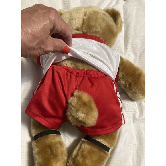 Build A Bear Plush Stuffed Brown Teddy Bear Soccer Shirt Shorts Shin Guards Red - Picture 8 of 11